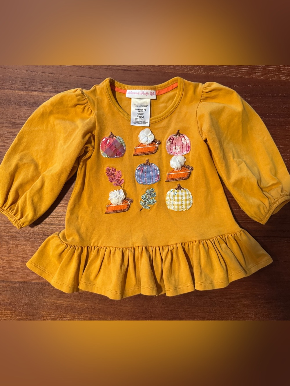 Bonnie Baby Mustard Yellow Long-Sleeve Pumpkin Appliqué Thanksgiving Top
